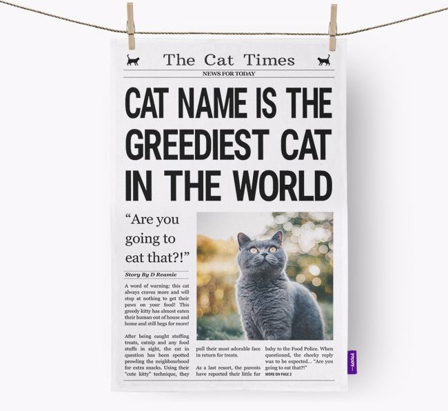 The {breedShortName} Times 'Greediest Cat In The World' Personalised Tea Towel